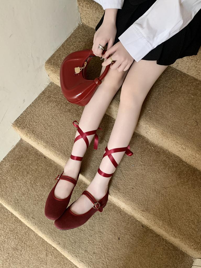 Japanese princess shoes 2025 new one-word mixed flannel Mary Jane single shoes woven shoes flat single shoes women