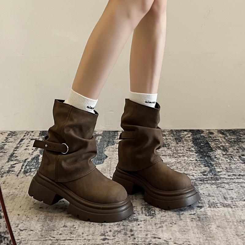 Retro Small Thick-soled Heightening Short Boots Autumn and Winter New Boots High-end Martin Boots Thick Heel Pleated Boots