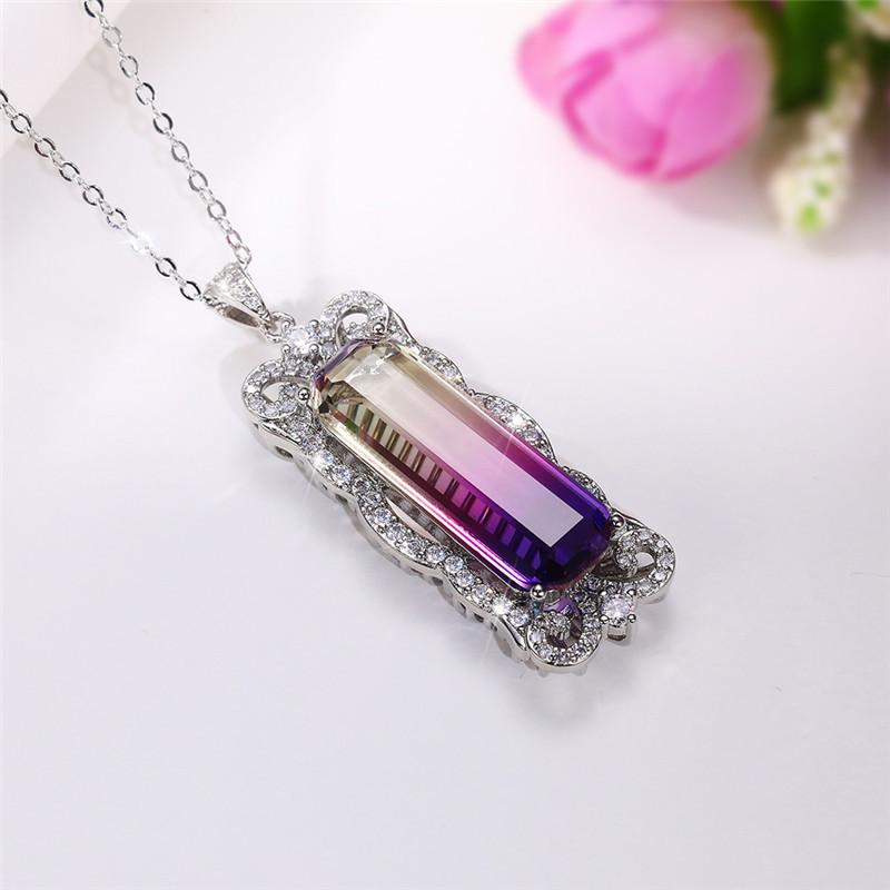 Silver Plated Baguette Cut Gradient CZ Pendant Necklace, Ornate Scrollwork Frame Cable Chain Necklace for Women