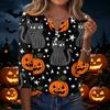 Women's Casual Halloween Print V Neck Button Three Quarter Sleeve T Shirt Top Lightweight Comfortable Fit for Seasonal Wear