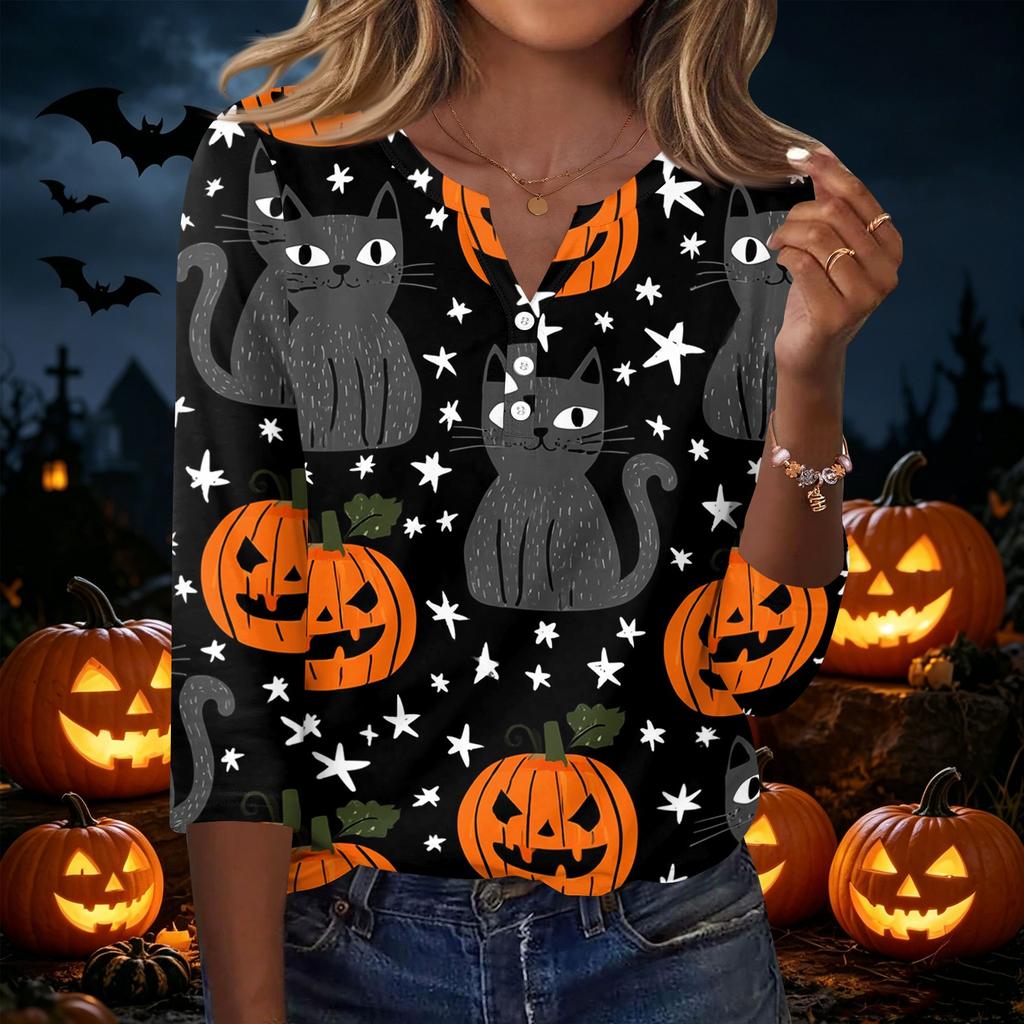 Women's Casual Halloween Print V Neck Button Three Quarter Sleeve T Shirt Top Lightweight Comfortable Fit for Seasonal Wear