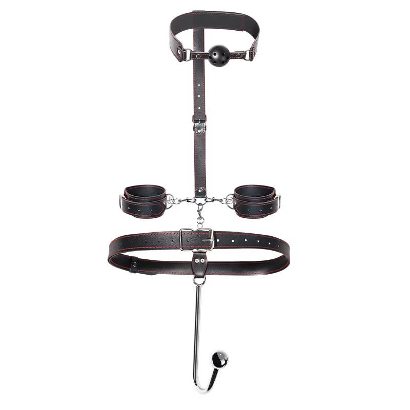 BDSM Sex Bondage Restriksjoner Kit Lær Lårsele Brystbelte Bak Ryggen Håndjern Åpne Ben SM Slave Fetisj Analkrok