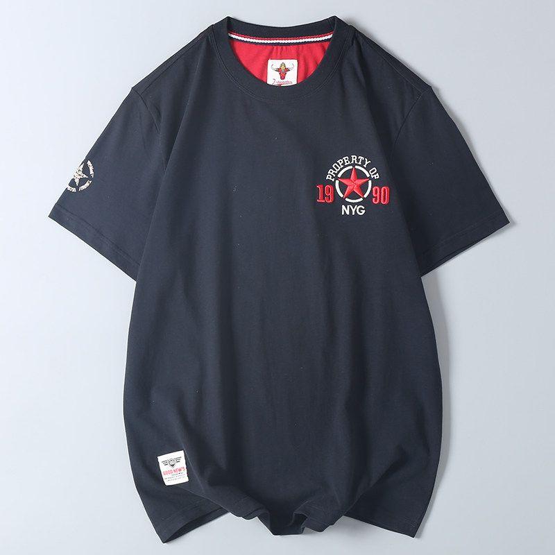 American Retro Machine Embroidery Men's Short Sleeve T-Shirt Summer New Arrival Trendy Export Export Tail Single Cotton T-shirt