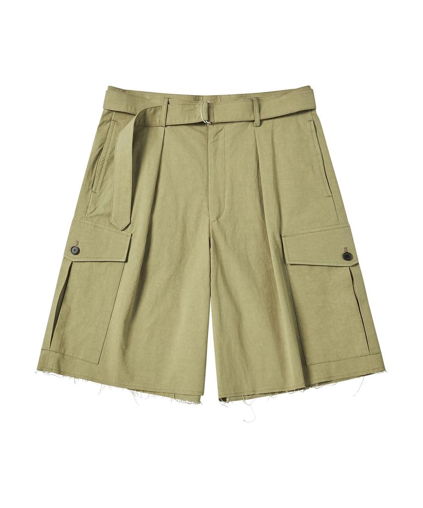 BEYOND CLOSET [Collection Line] Belted Detail Washed Cotton Cargo Half Pants Khaki