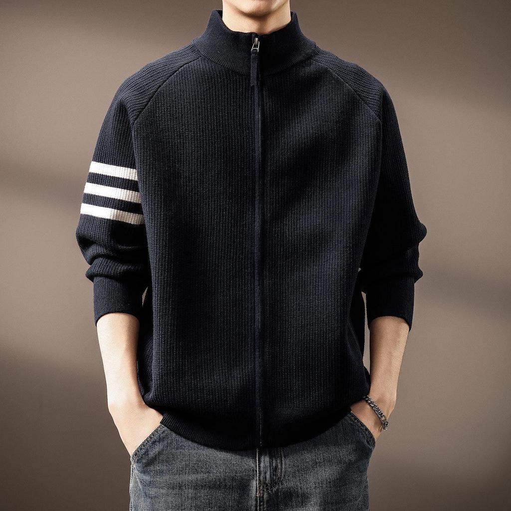 High-End American Trendy Men's 2025 Autumn/Winter Three-Stripe Knit Stand Collar Cardigan Sweater