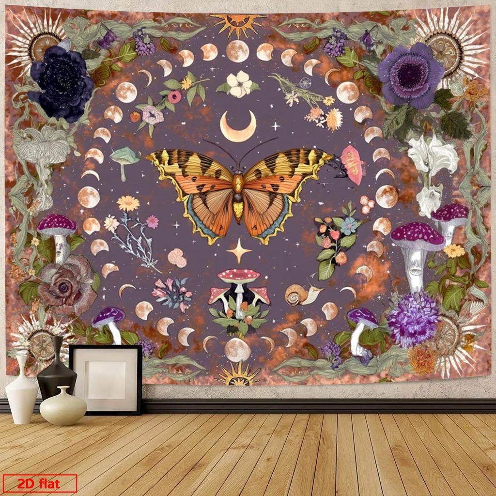 Boho Celestial Butterfly Mushroom Tapestry Wall Hanging Bohemian Cottagecore Witchy Moon Star Nature Decor Art Room Decoration