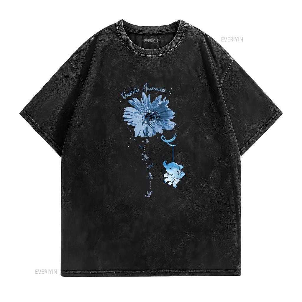 Faith Hope Fight Love Elephant Sunflower Diabetes Awareness T Shirt vintage Washed Slightly Breathable Comfortable graphic