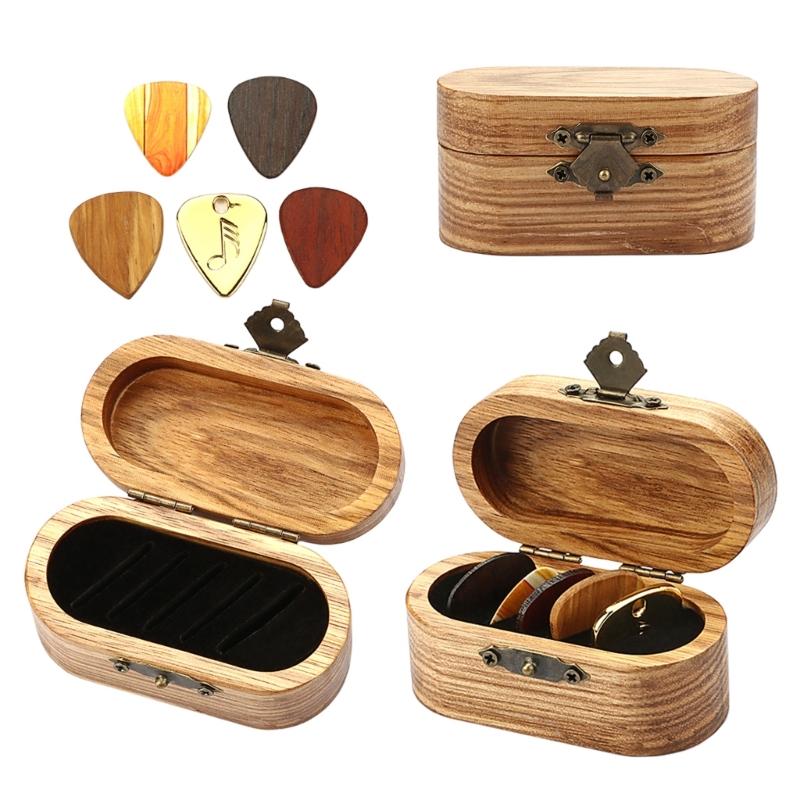 Wood Guitar Pick Storage Box Container Portable Guitar Pick Box Holder Collector with 5 Guitar Pick Gift for Guitarist