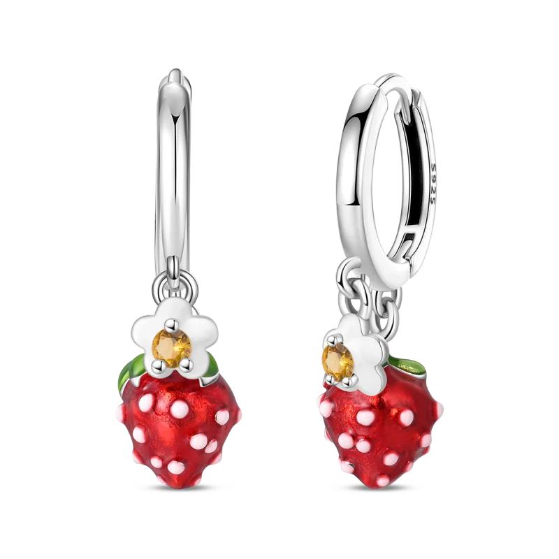 Original Earrings 925 Silver Fruit Series Cherry Strawberry Hoop Earrings Ear Studs Zircon Making Jewelry for Women Girl Party