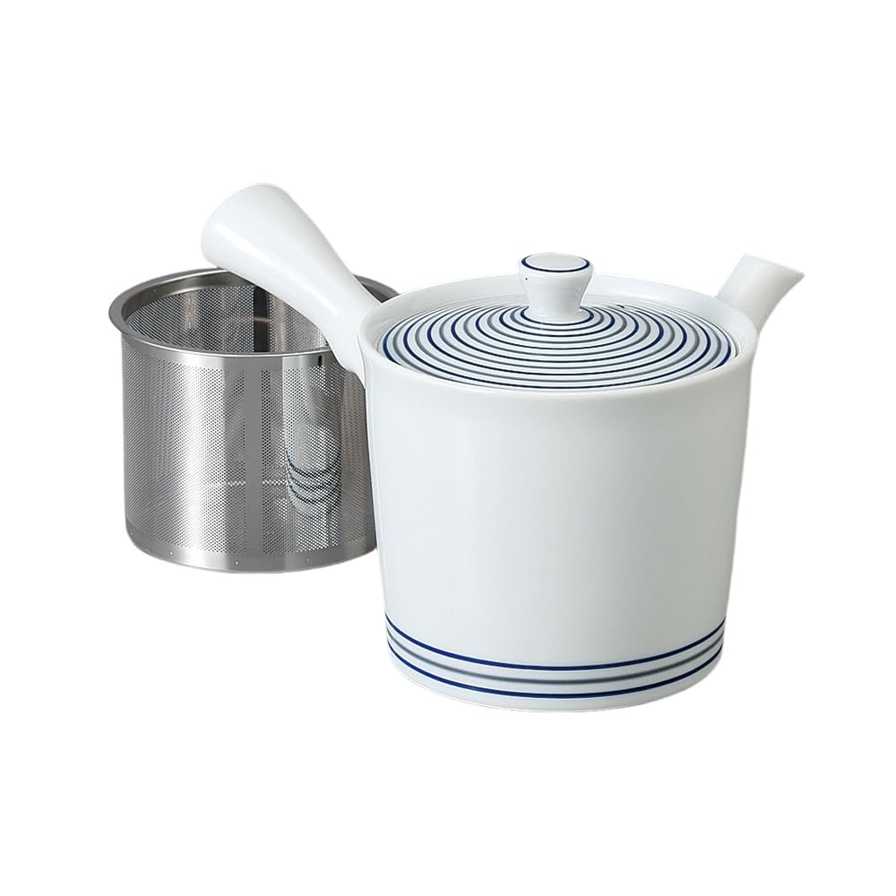 

Ale-net Teapot (Stainless Steel with Strainer), 10.5 x 10.5 cm, 425cc, Arita Ware White Porcelain Spiral SS Medium Teapot, Made in Japan, Stylish
