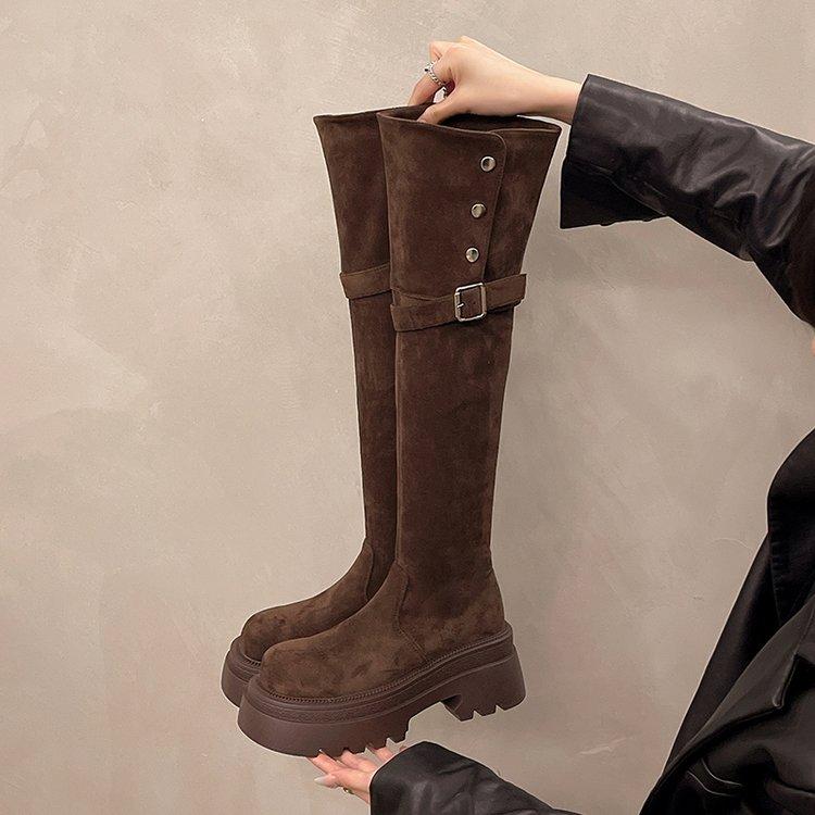 Women's Knight Boots New Platform Strap Buckle Women's Boots High Thick Heels Round Head Long Boots Over-the-Knee