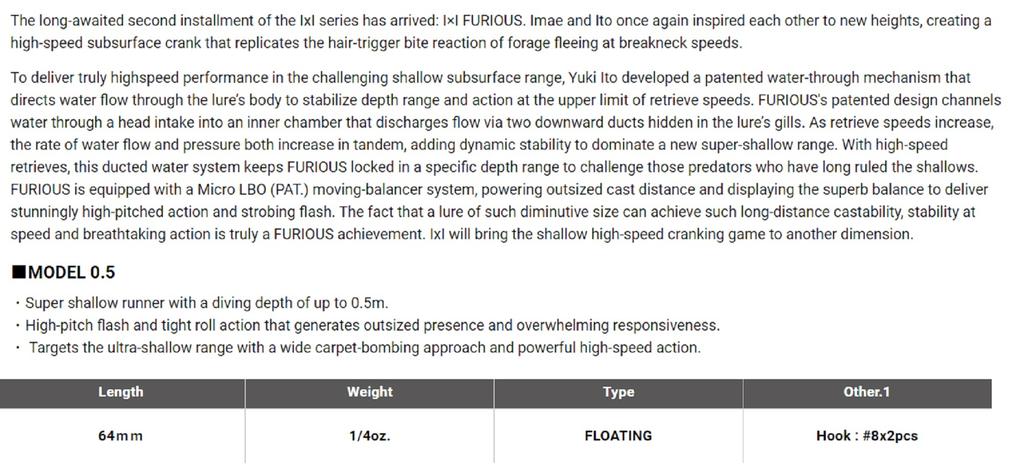 Megabass IXI Furious 0.5 64mm 1/4oz Momeală plutitoare IK Strong Chart (2253)