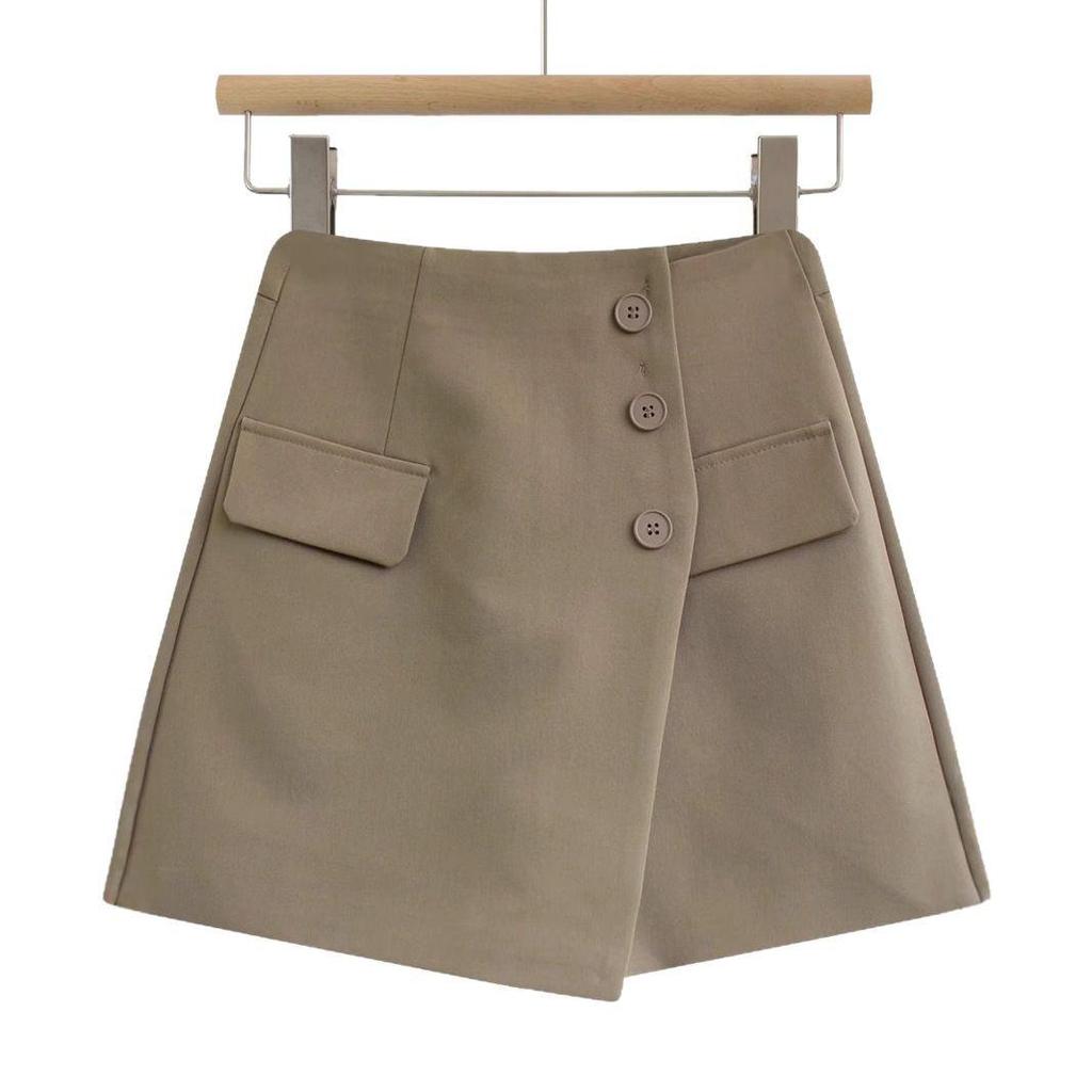 2025 Irregular High-Waisted Slimming A-Line Shorts Skirt with Button Detail - Women's Wide-Leg Pants