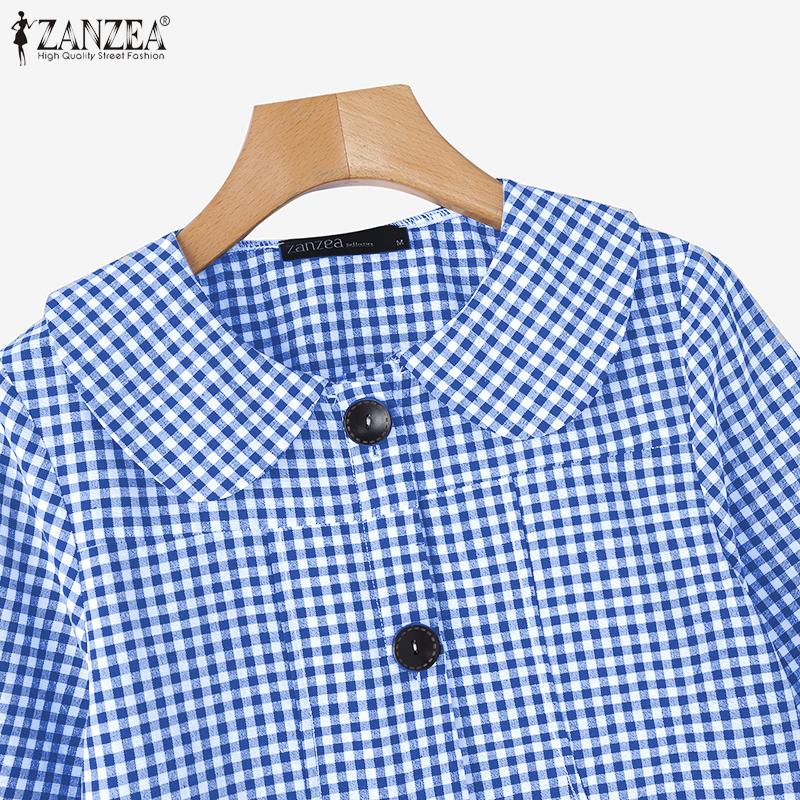 ZANZEA Camicia Casual Estiva da Donna con Colletto a Bambola e Maniche a 3/4 a Quadri