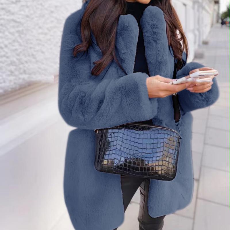 Ciepła kurtka z długim rękawem, z klapami, ze sztucznej skóry, w jednolitym kolorze