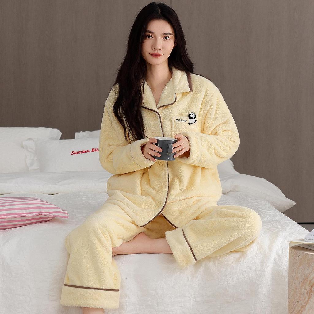 Women's Winter Flannel Pajama Set: Long Sleeve Cardigan & Warm Coral Fleece with Cartoon Panda Design