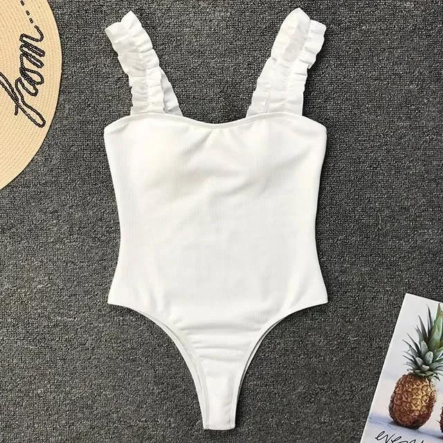Sexy White Frill Trim Ruffled Ribbed Female Swimwear One Piece Swimsuit Women Monokini High Cut Bather Bathing Suit Swim Lady