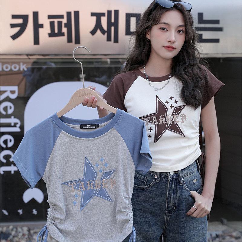 

Women s Summer Retro Color Block Raglan Tee with Lace-Up Front L (95-105 jin)