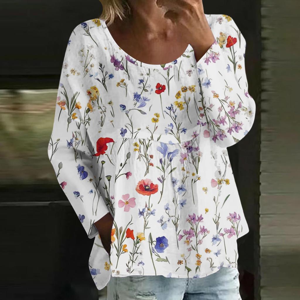 Women's Casual Fashion Loose Round Neck Floral Print Long Sleeve Top
