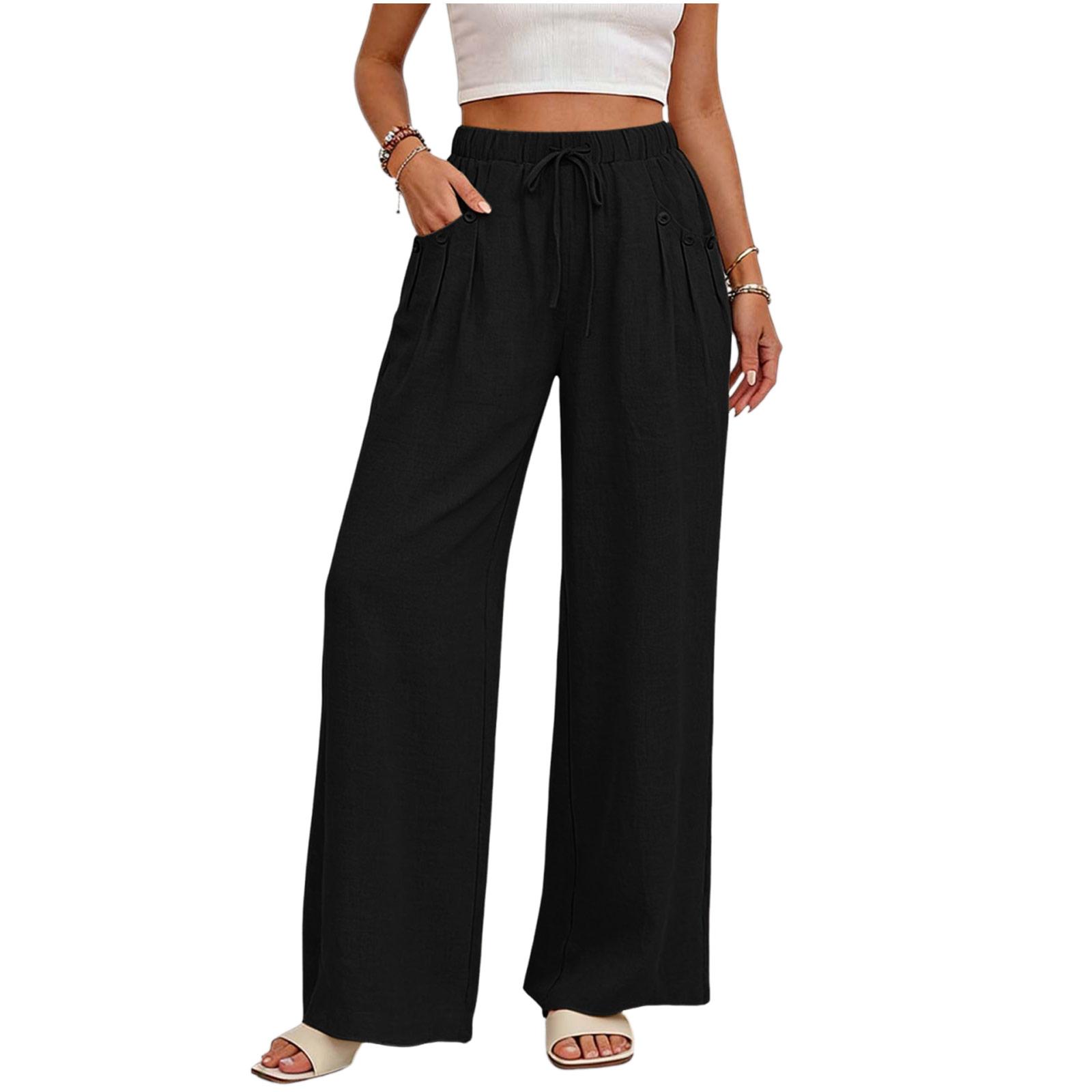

Women s Fashionable Color Drawstring Pocket Button Decoration Loose Casual Pants L чёрный
