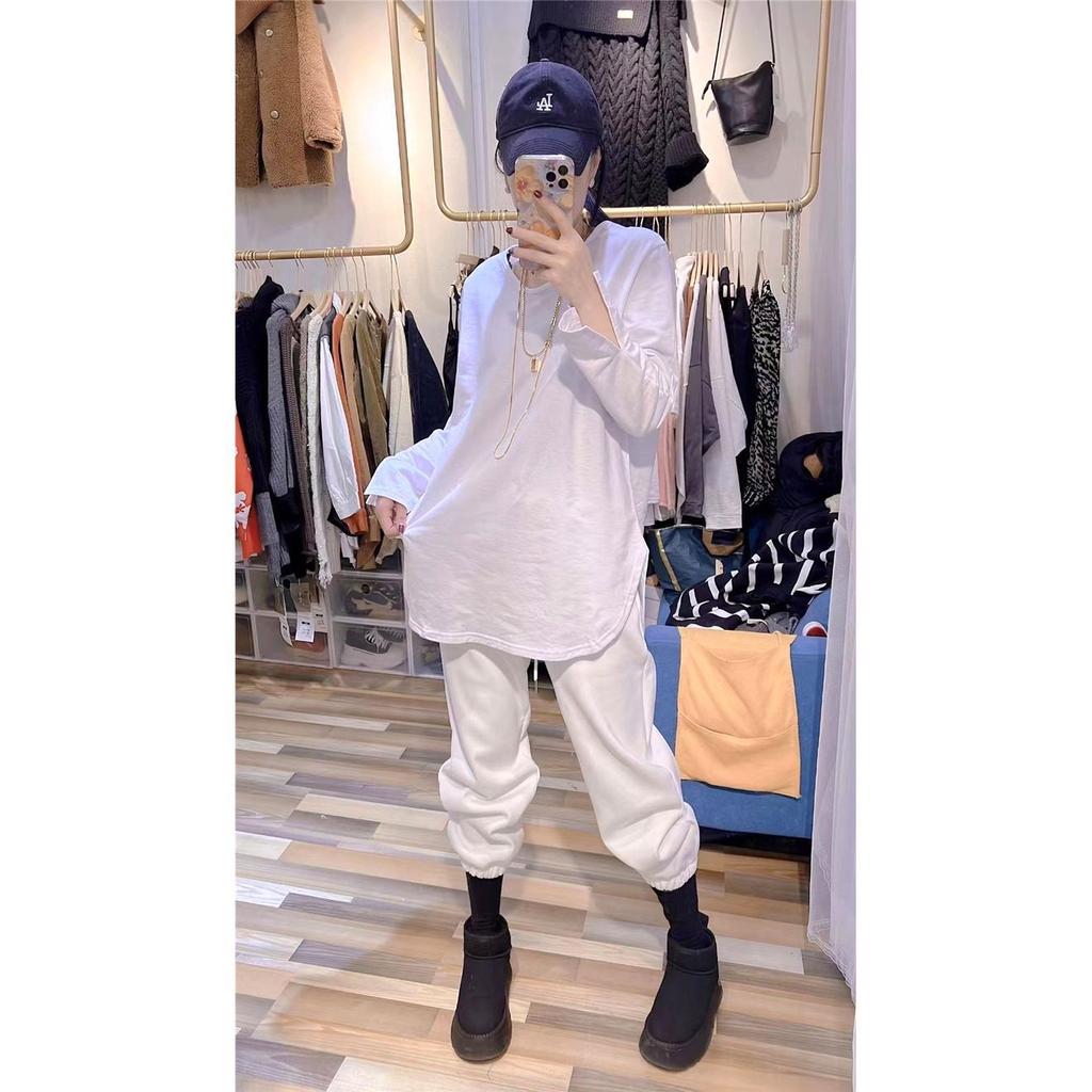 Plus Size Fall Cuffs Slit Bottoming Shirt Women Loose Round Neck Long Sleeve Pullover