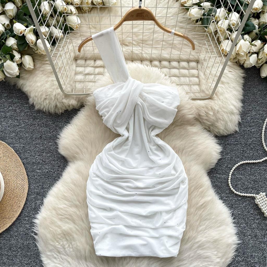 Summer Women One Shoulder Strapless Sexy Bling Bling Slim Sheath Bodycon Mini Short Club Party Dresses