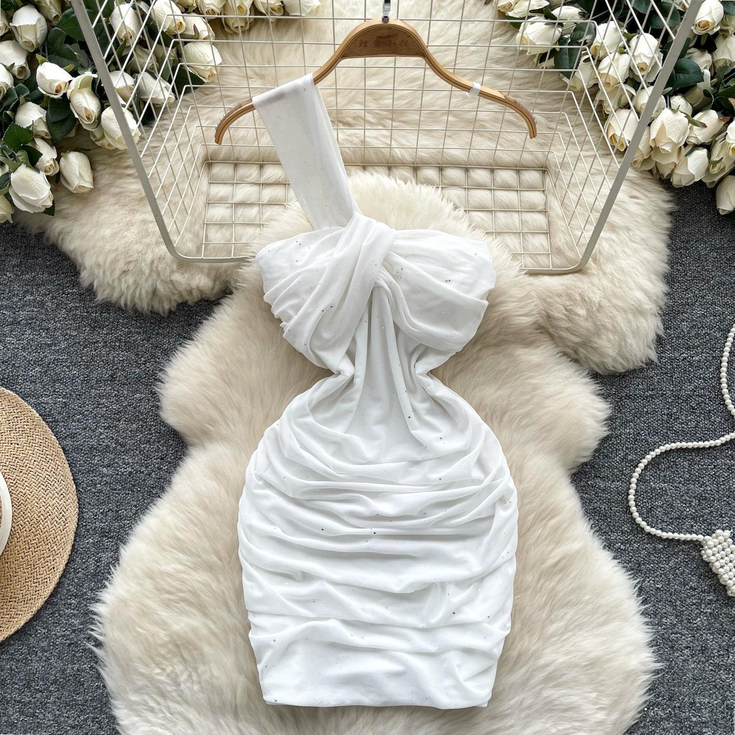 

Летние женские одно плечо без бретелек сексуальные блестящие облегающие облегающие мини-короткие платья для клубных вечеринок L белый