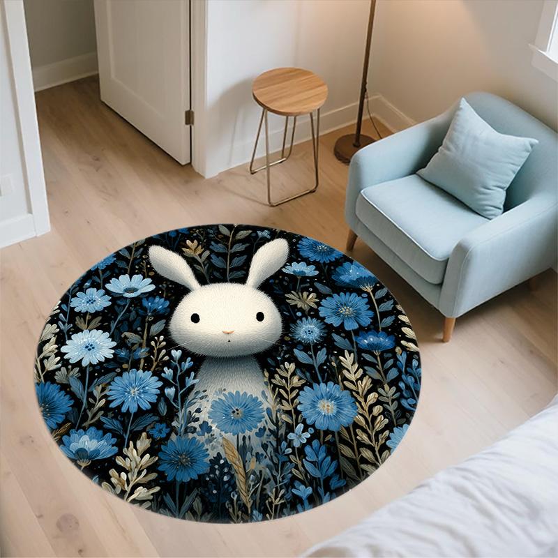 Flower Rabbit,Round Area Rug,Carpet Rug for Living Room Bedroom Sofa Playroom Decor,Non-slip Floor Mat