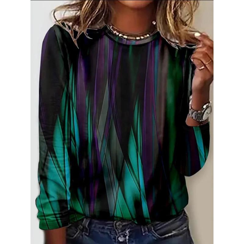 Trendy Women's Round Neck T-shirt 3D Digital Printed Long Sleeved T-shirt