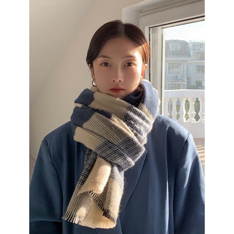 Retro white blue plaid thickened scarf women's autumn and winter warm shawl scarf