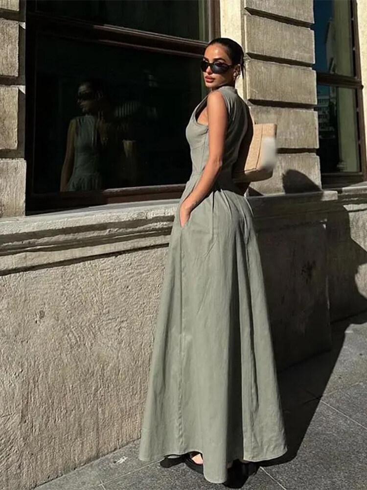 2025 Spring Women's Sleeveless Solid Color Dress with Zipper Waist and Pockets