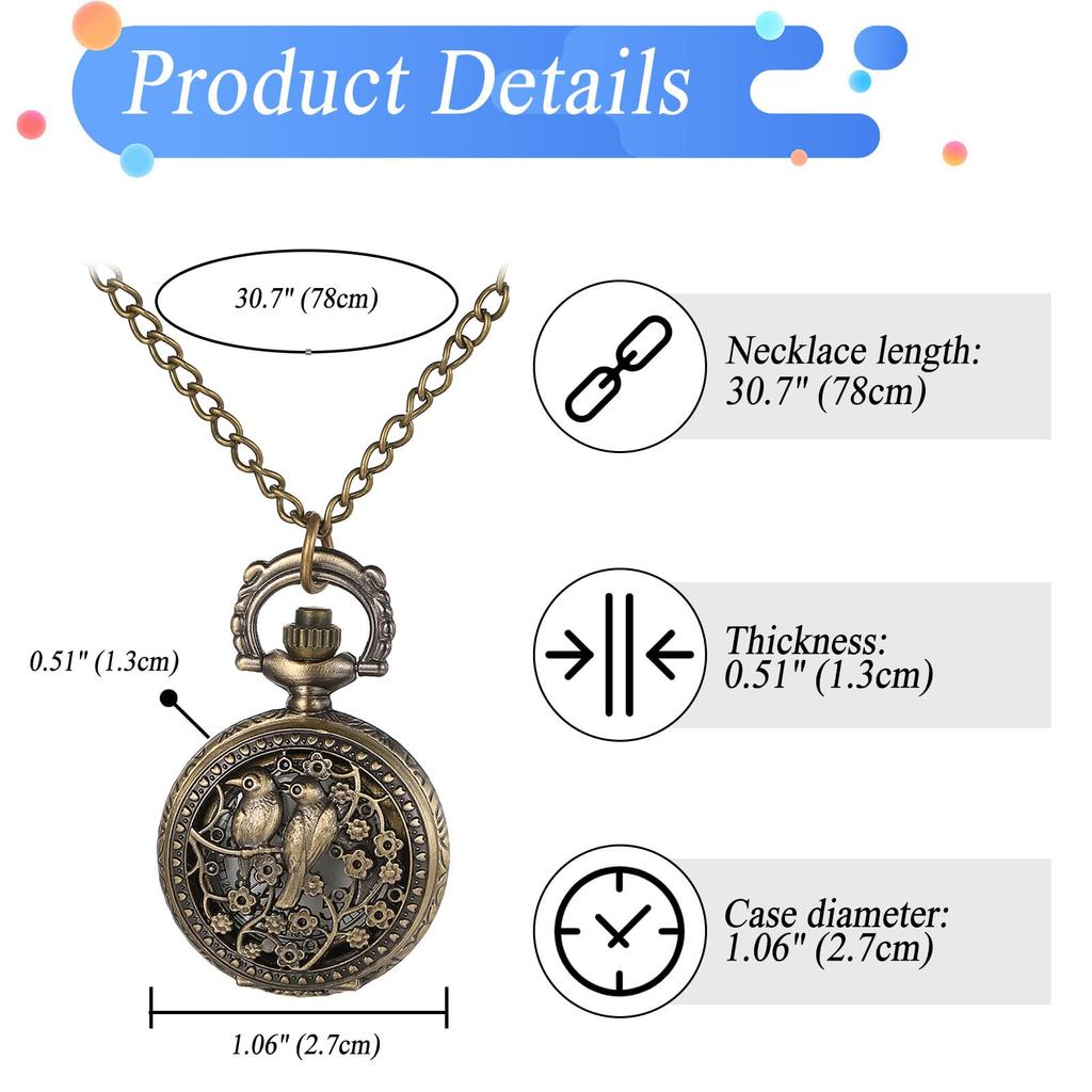 Pocket Watch Bird Antique Analog Display Waterproof Pendant Necklace Chain Bronze