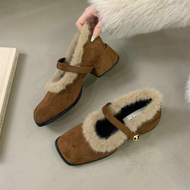 Mode Mary Jane Schuhe Damen Winter 2025 Neu Vielseitig Französischer Blockabsatz Fuzzy Schuhe Plus Fleecefutter Absatzschuhe