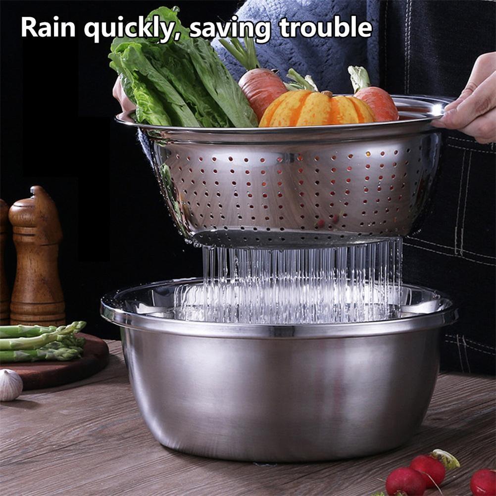 3pcs Multifunctional Stainless Steel Basin Set Fruit Vegetable Bracket Drain Basin Grater Basin Kitchen Tools
