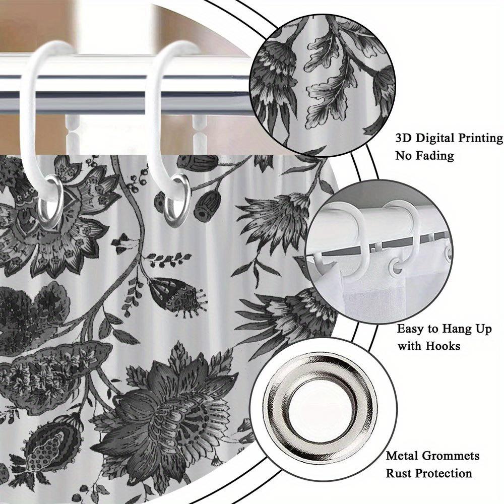 1 Solid Color Botanical Digital Painting Shower Curtain, Dense Floral Pattern, Polyester Fabric, Machine Washable, With Hooks