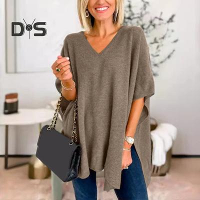 Women Sweater V-Neck Batwing Style Sleeveless Loose Fit Casual Top Solid Color High Low Hem Knit Autumn Winter Sweater Vest