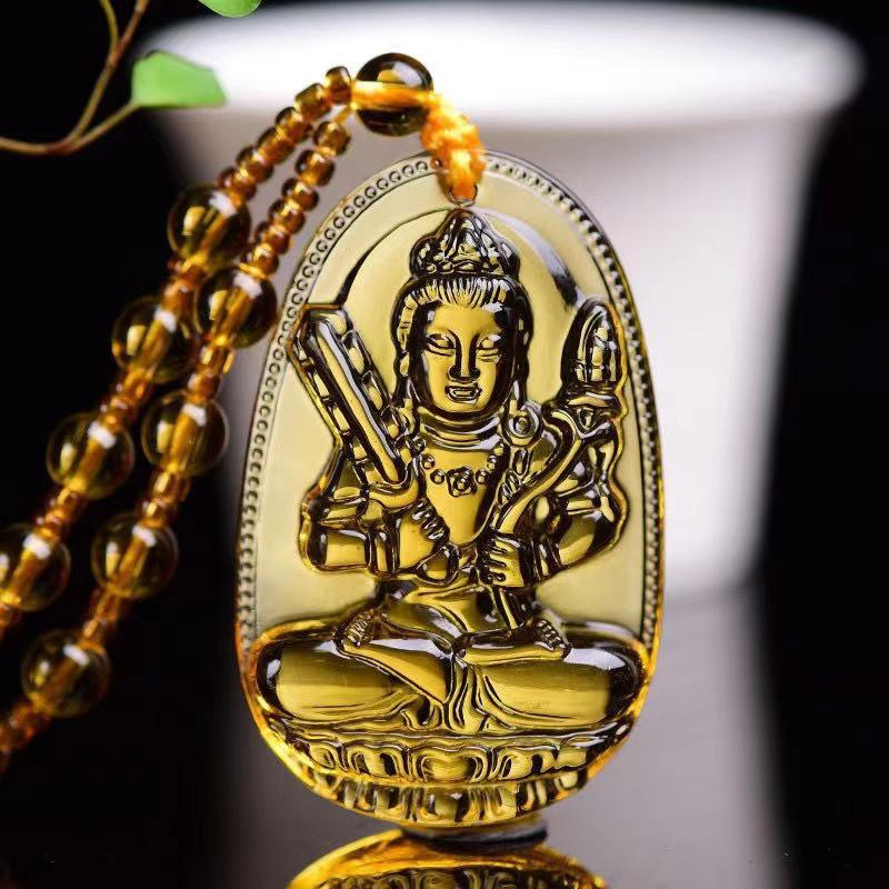 Yellow Crystal Necklace Long Sweater Chain Manjushri Pendant Amitabha Pendant Unisex Gift