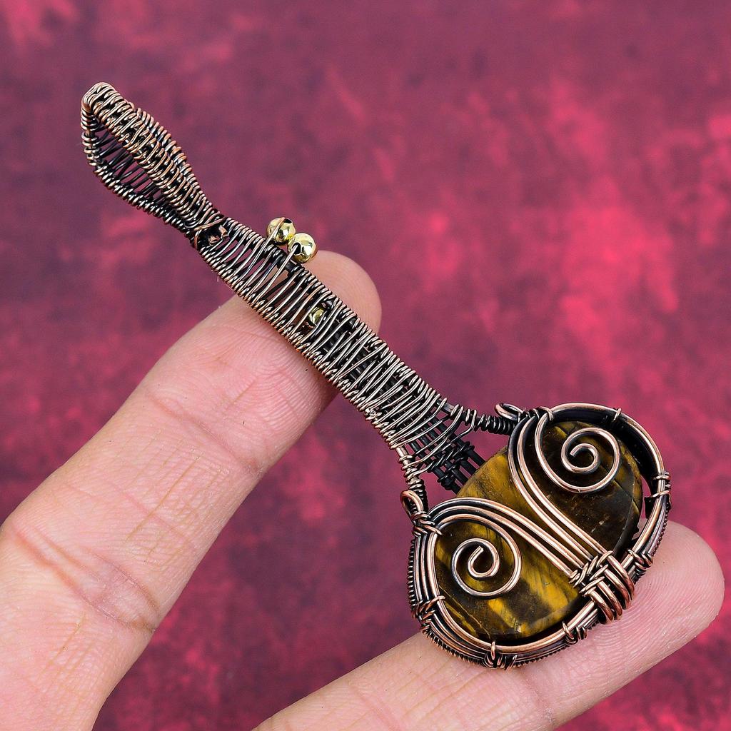 Tger's eye pendant copper wire wrapped pendant handmade guitar pendant gemstone copper jewelry gifts for him beautiful wire wrapped jewelry