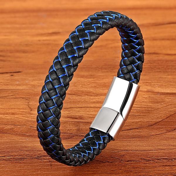 Men Jewelry Punk Black Blue Braided Leather Bracelet for Men Stainless Steel Magnetic Clasp Fashion Bangles Gifts 6 Colors