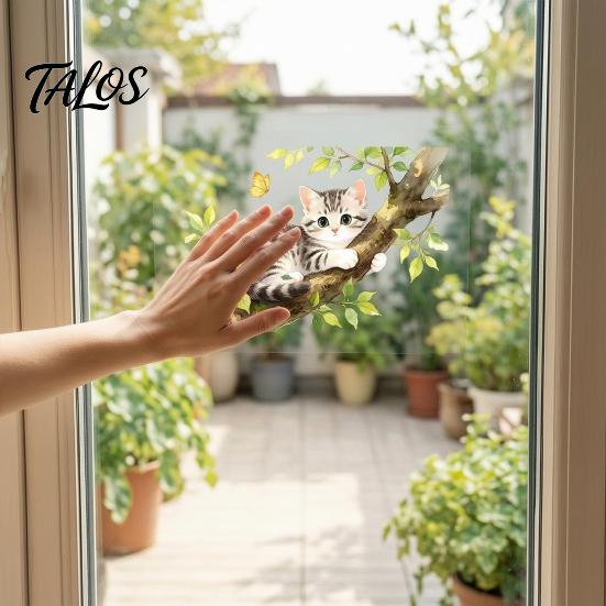 Electrostatic Window Decal Cartoon Cat on The Tree Branch Cling, Cute Watercolor Clear Hair Texture Sticker Butterflies Plants for Kids Room Bathroom