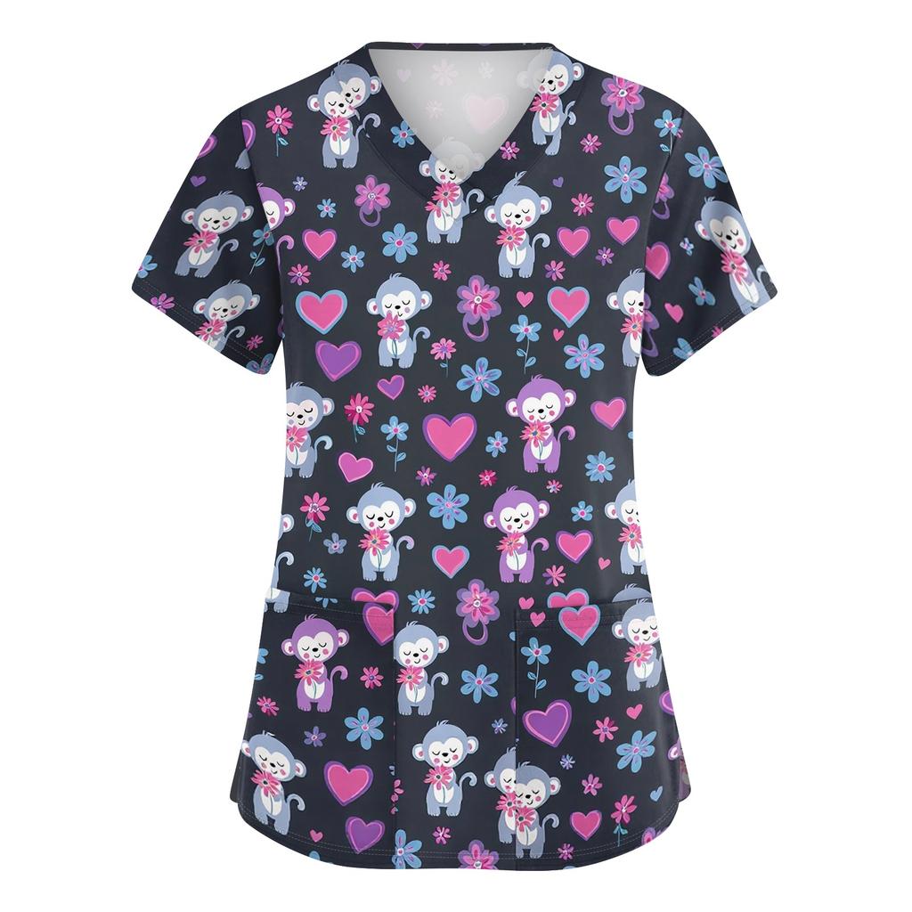 Ladies V Neck Short Sleeve Work Top with Side Slits and Pockets Animal Print Pattern Medical Scrub Shirt for Healthcare Professionals