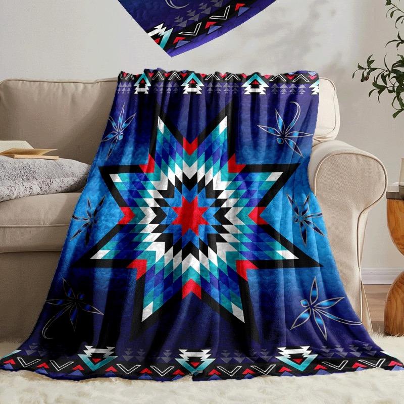 Coperta trapuntata in flanella stile nativo americano - Copriletto tribale sud-occidentale per tutte le stagioni con stelle e motivi turchino