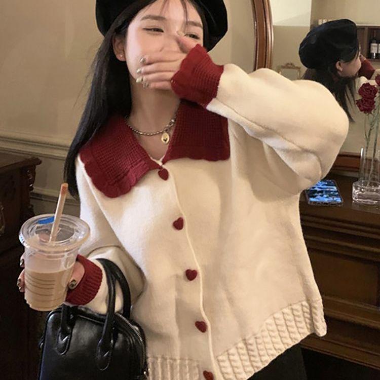 

Красный вязаный кардиган с воротником Питер Пэн - Осень/Зима 2024 Нишевый дизайн для женщин One Size белый