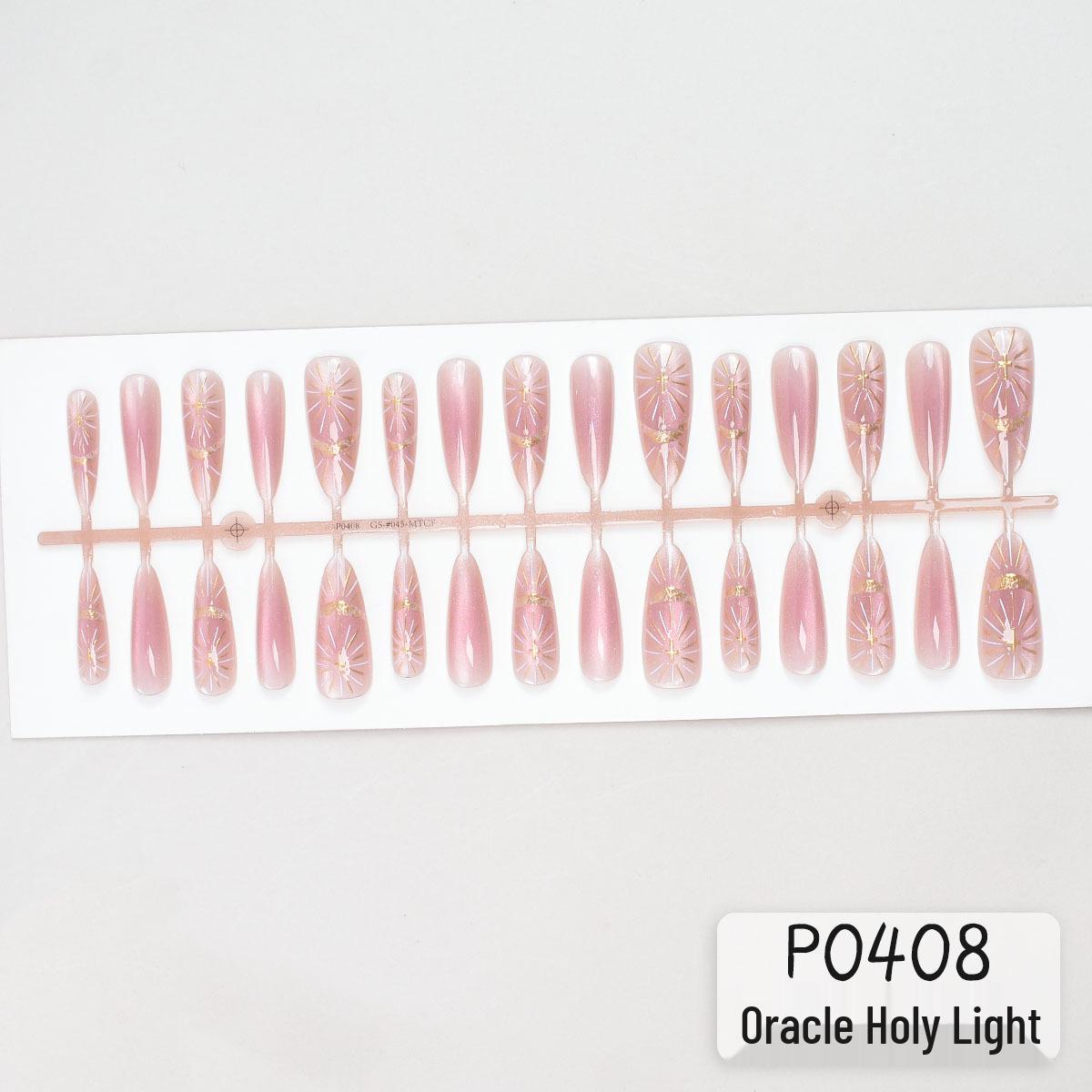 

Oracle Holy Light Cat Eye Wearable Nails in Dark Blood Red, Pink Glass Bead, and Gilded 3D Design.