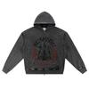 DTG Print Knitted Denim Zip-Up Hoodie Samurai Japan Brother Print Zipper Hoodies  