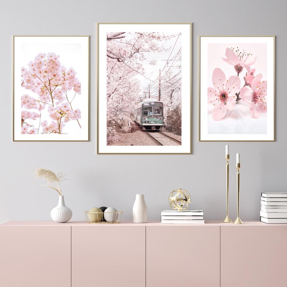 Rosa Körsbärsblommor Tåg Eiffeltornet Paris Cykel Nordiska Affischer och Tryck Duk Målning Väggkonst Bilder Vardagsrum Heminredning