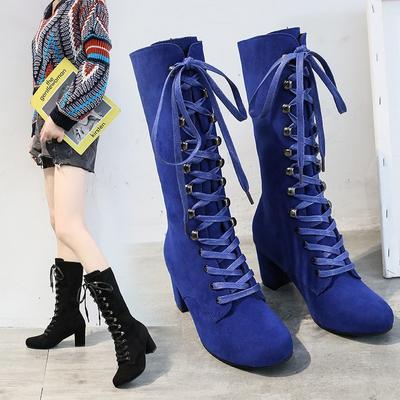 Moda Zima Kobiety Buty Buty Moda Vintage Sznurowane Buty Kobiety Okrągłe Kowbojki Wysokie Obcasy Botki Buty Kobieta Botas Mujer