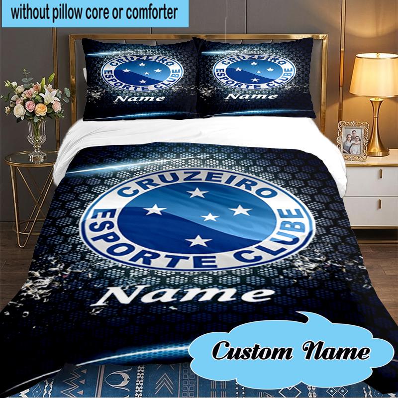 Custom Name Blue Stars Cruzeiro Football Bedding Set 3pcs, Bedding Set Including 1pc Duvet Cover And 2pcs Pillowcases for Bedroom, Dormitory Gift