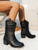 Fashionable Women's Denim Boots Medium High Heel Western Style Boots With Scrunch One Foot In Step Mid Level Boots For Summer