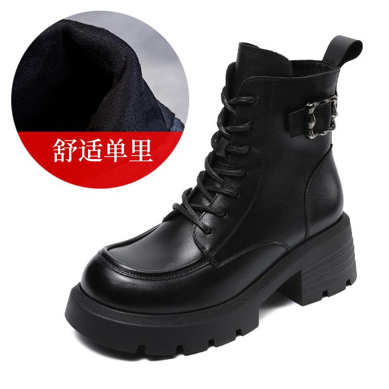 2026 autumn and winter new thick-soled thick-heeled leather British style showing feet small velvet Martin boots women's retro short boots